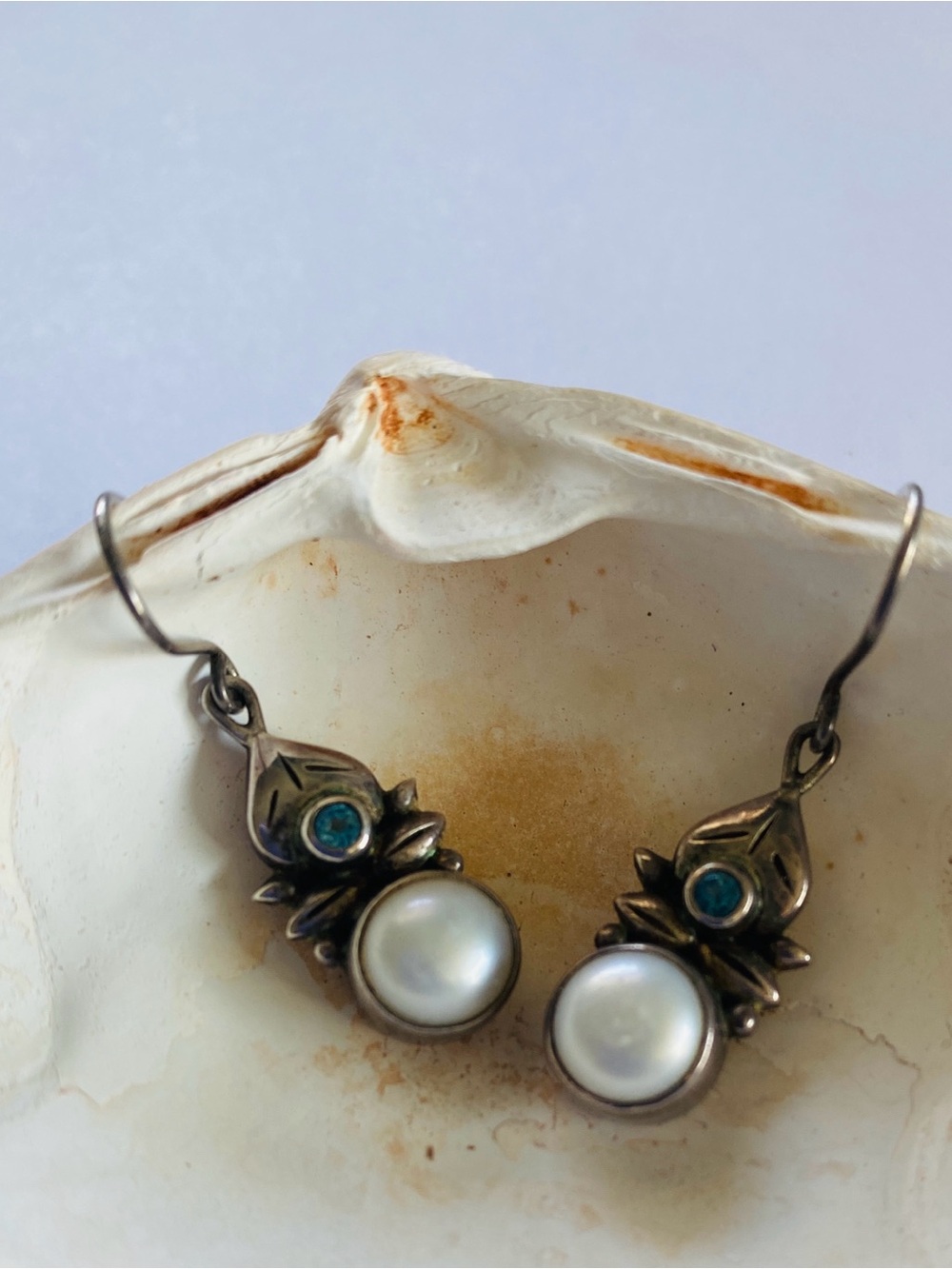 VTG Nepal 925 Sterling Silver Pearl Drop Dangle Artisan Boho Earrings